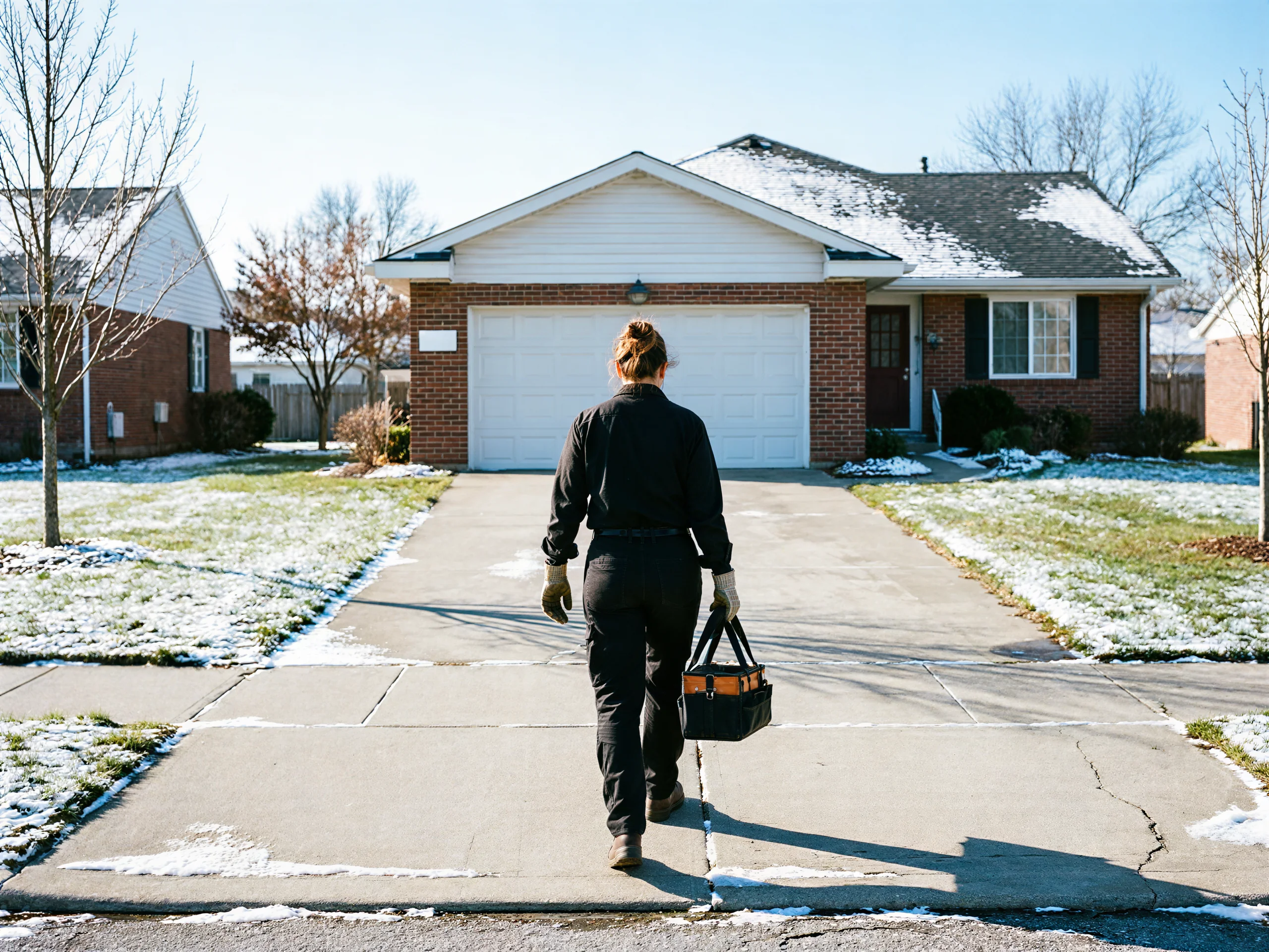 A technician walks toward a house with a white garage door, carrying a toolbox.