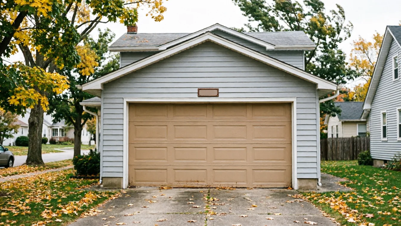The house has light blue siding and a tan garage door with rectangular panels.