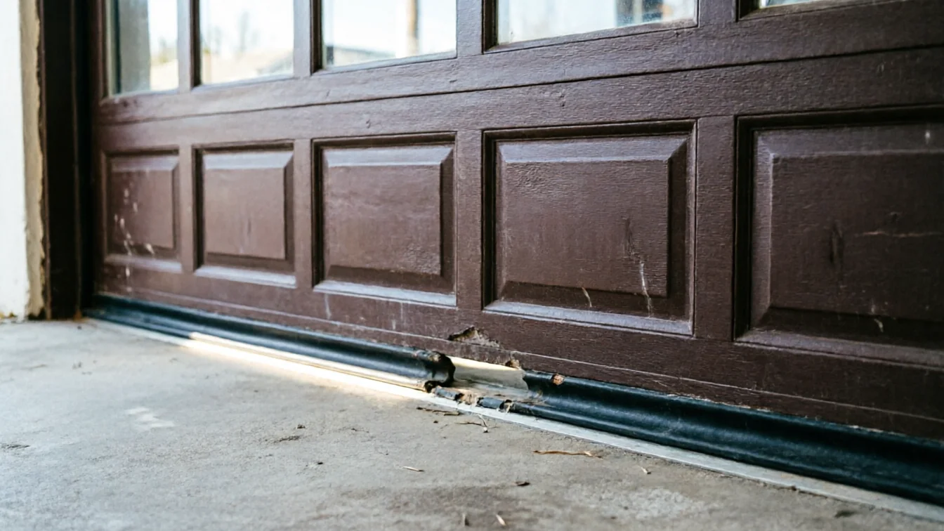 The brown garage door has a damaged bottom seal and worn panels.