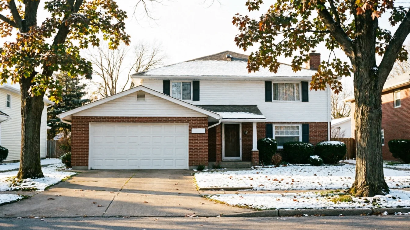 A two-story house with a white garage door, brick, and white siding.