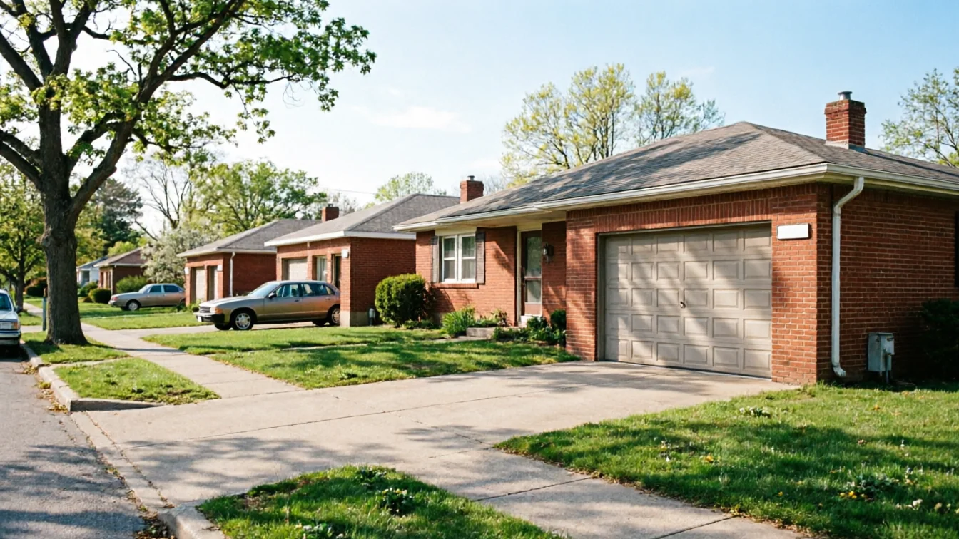A light brown garage door on a brick house with a green lawn.